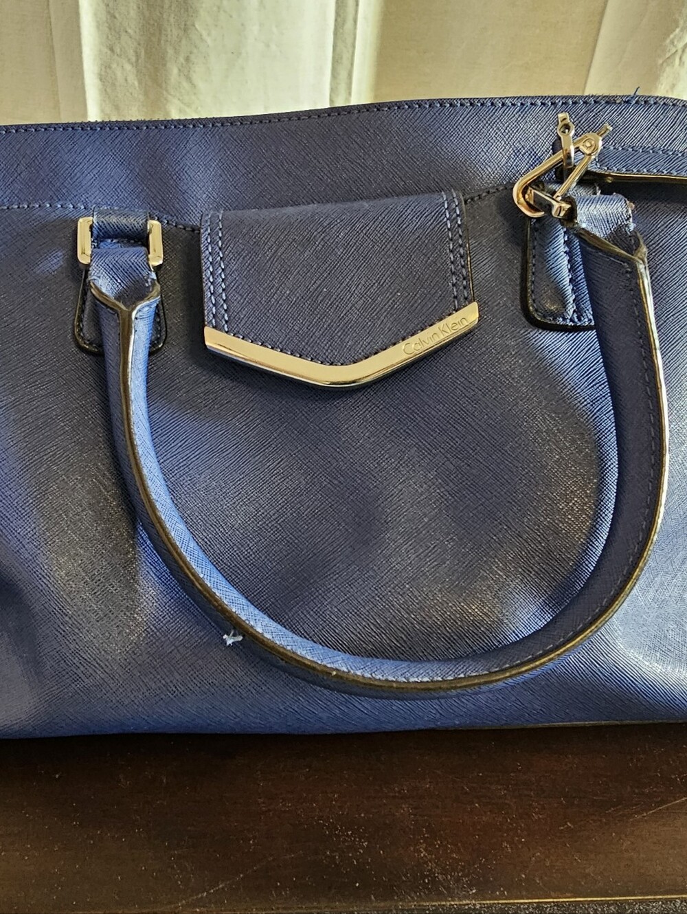 Calvin Klein Blue Saffiano Satchel with Gold-Tone Hardware